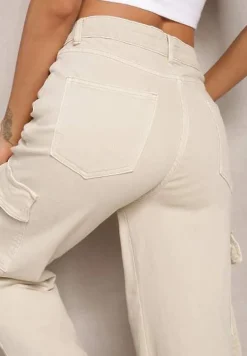 Jasnobeżowe Jeansy Bojówki z Kieszeniami Wendes