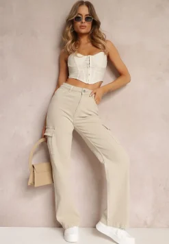 Jasnobeżowe Jeansy Cargo High Waist z Kieszeniami Anora