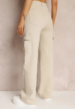 Jasnobeżowe Jeansy Cargo High Waist z Kieszeniami Anora