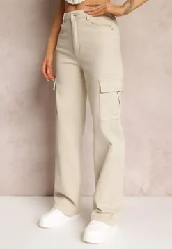 Jasnobeżowe Jeansy Cargo High Waist z Kieszeniami Anora