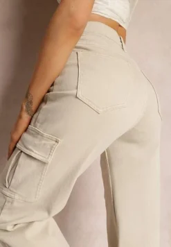 Jasnobeżowe Jeansy Cargo High Waist z Kieszeniami Anora