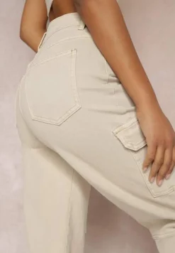 Jasnobeżowe Jeansy Cargo z Szeroką Nogawką Renesme