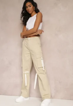 Jasnobeżowe Jeansy Cargo z Kieszeniami i Taśmami Vinlis