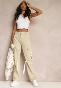 Jasnobeżowe Jeansy Cargo z Kieszeniami i Taśmami Vinlis