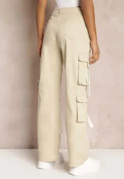 Jasnobeżowe Jeansy Cargo z Kieszeniami i Taśmami Vinlis