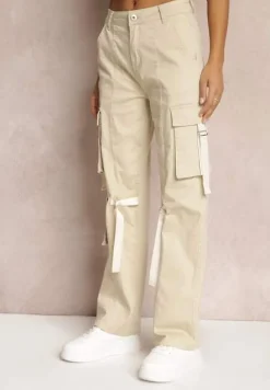 Jasnobeżowe Jeansy Cargo z Kieszeniami i Taśmami Vinlis