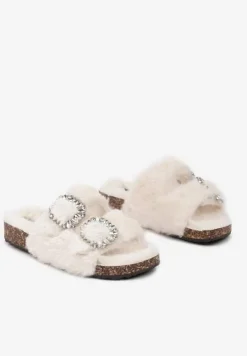 Jasnobeżowe Kapcie na Płaskiej Podeszwie z Futerkiem Cyrkoniami i Klamrami z Regulacją Arvela