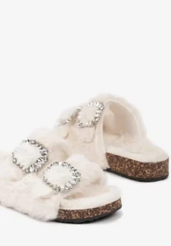 Jasnobeżowe Kapcie na Płaskiej Podeszwie z Futerkiem Cyrkoniami i Klamrami z Regulacją Arvela