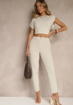 Jasnobeżowe Klasyczne Spodnie Regular Waist z Gumką w Pasie Tilomira