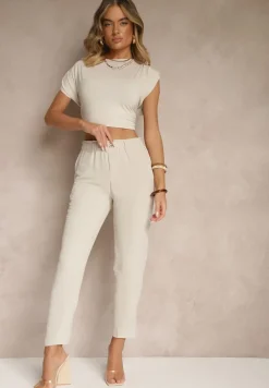 Jasnobeżowe Klasyczne Spodnie Regular Waist z Gumką w Pasie Tilomira