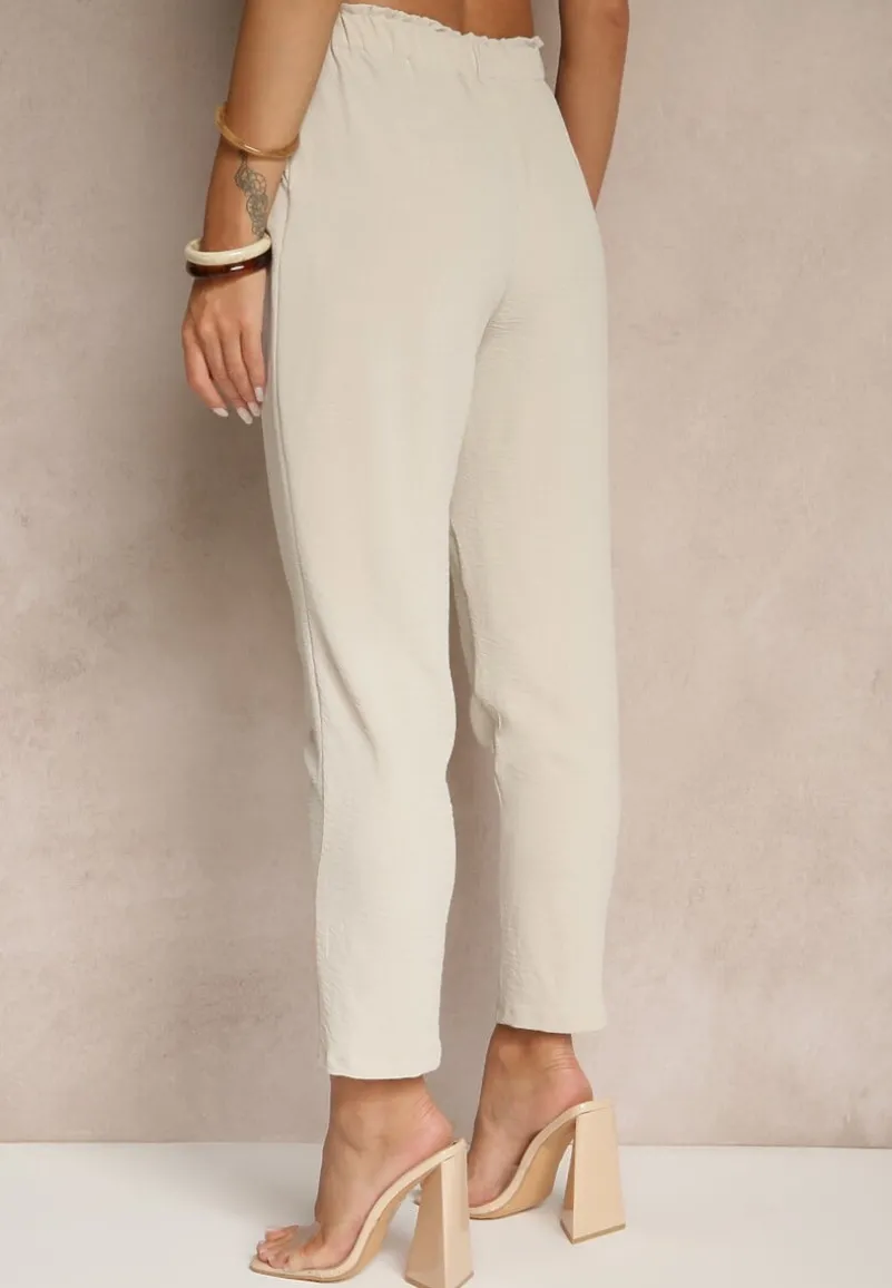 Jasnobeżowe Klasyczne Spodnie Regular Waist z Gumką w Pasie Tilomira