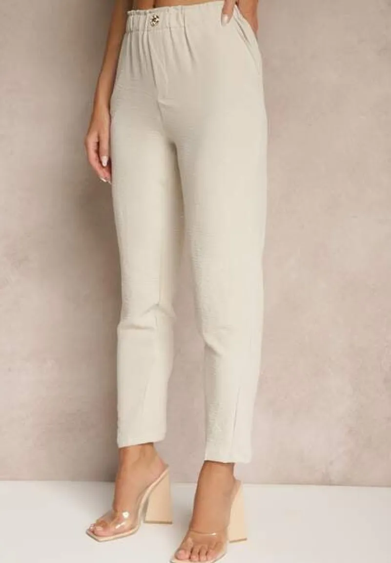 Jasnobeżowe Klasyczne Spodnie Regular Waist z Gumką w Pasie Tilomira