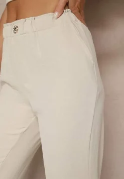 Jasnobeżowe Klasyczne Spodnie Regular Waist z Gumką w Pasie Tilomira