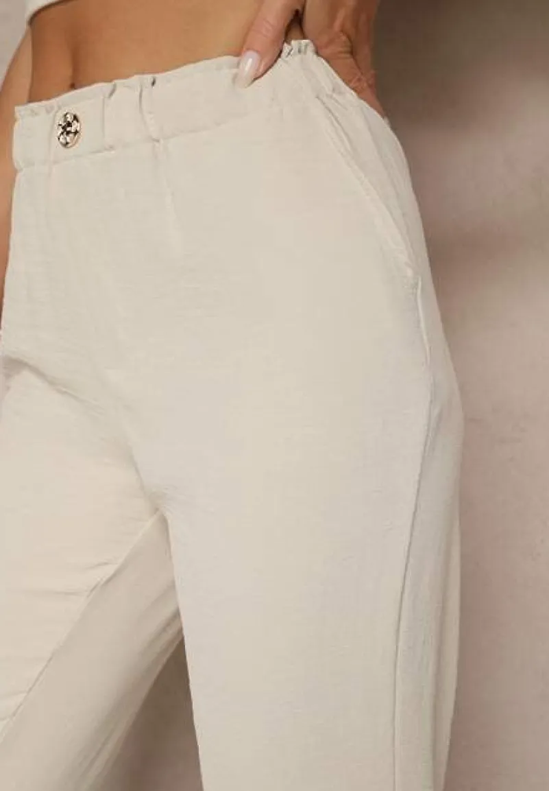 Jasnobeżowe Klasyczne Spodnie Regular Waist z Gumką w Pasie Tilomira
