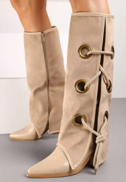 Jasnobeżowe Kozaki z Wywiniętą Cholewką z Oczkami Kaletniczymi i Wiązaniem Nariassa