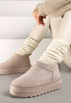 Jasnobeżowe Krótkie Śniegowce Vices z Ozdobną Lamówką Olfedi