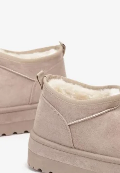 Jasnobeżowe Krótkie Śniegowce Vices z Ozdobną Lamówką Olfedi