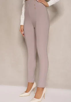 Jasnobeżowe Legginsy Bawełniane High Waist Ozdobione Guzikami Liorvia