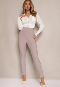 Jasnobeżowe Legginsy Bawełniane High Waist Ozdobione Guzikami Liorvia