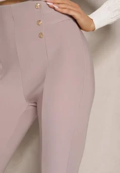 Jasnobeżowe Legginsy Bawełniane High Waist Ozdobione Guzikami Liorvia