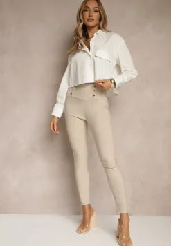 Jasnobeżowe Legginsy High Waist z Ozdobnymi Guzikami Kolowenia