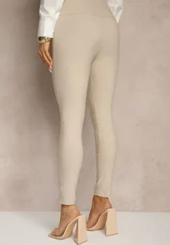 Jasnobeżowe Legginsy High Waist z Ozdobnymi Guzikami Kolowenia