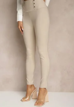 Jasnobeżowe Legginsy High Waist z Ozdobnymi Guzikami Kolowenia