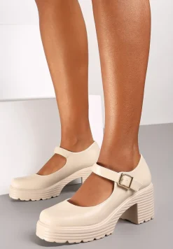Jasnobeżowe Półbuty na Platformie i Słupku w Stylu Mary Jane ze Sprzączką Rivora