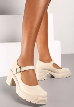 Jasnobeżowe Półbuty na Platformie i Słupku w Stylu Mary Jane ze Sprzączką Rivora