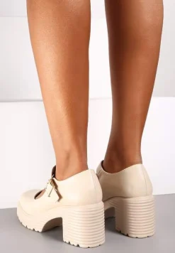 Jasnobeżowe Półbuty na Platformie i Słupku w Stylu Mary Jane ze Sprzączką Rivora