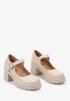 Jasnobeżowe Półbuty na Platformie i Słupku w Stylu Mary Jane ze Sprzączką Rivora