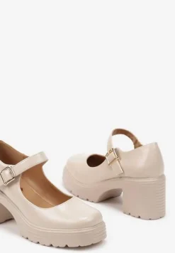 Jasnobeżowe Półbuty na Platformie i Słupku w Stylu Mary Jane ze Sprzączką Rivora