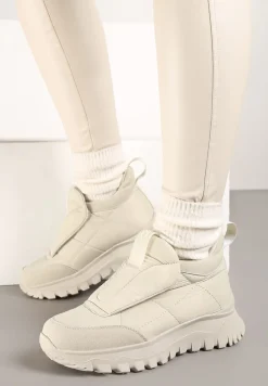 Jasnobeżowe Pikowane Sneakersy na Platformie Ozdobione Napisem Resilie