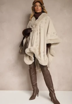 Jasnobeżowe Ponczo z Wełny i Wiskozy z Futerkiem i Błyszczącymi Cyrkoniami Issanel