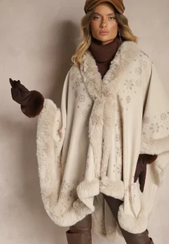 Jasnobeżowe Ponczo z Wełny i Wiskozy z Futerkiem i Błyszczącymi Cyrkoniami Issanel