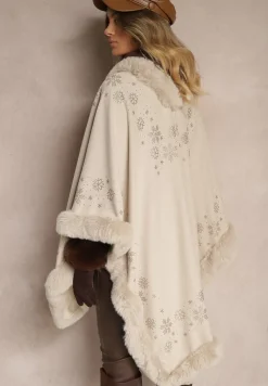 Jasnobeżowe Ponczo z Wełny i Wiskozy z Futerkiem i Błyszczącymi Cyrkoniami Issanel