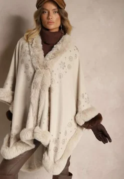 Jasnobeżowe Ponczo z Wełny i Wiskozy z Futerkiem i Błyszczącymi Cyrkoniami Issanel