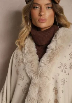 Jasnobeżowe Ponczo z Wełny i Wiskozy z Futerkiem i Błyszczącymi Cyrkoniami Issanel