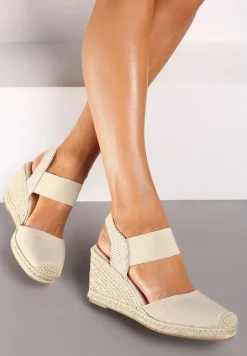 Jasnobeżowe Sandały Espadryle na Plecionym Koturnie Batulia