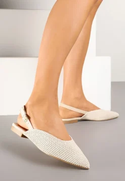Jasnobeżowe Sandały na Płaskiej Podeszwie Typu Slingback z Ażurową Cholewką Florabia