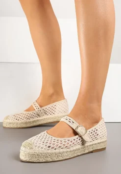Jasnobeżowe Siateczkowe Espadryle na Podeszwie z Juty Zapinane na Sprzączkę Geniffia