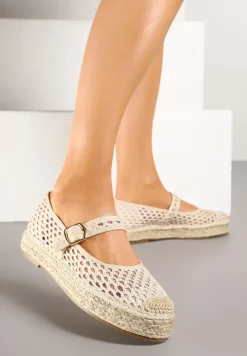 Jasnobeżowe Siateczkowe Espadryle na Podeszwie z Juty Zapinane na Sprzączkę Geniffia
