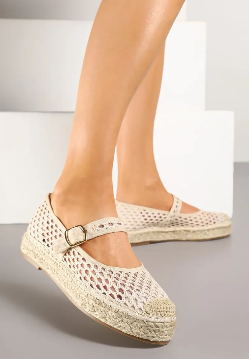 Jasnobeżowe Siateczkowe Espadryle na Podeszwie z Juty Zapinane na Sprzączkę Geniffia