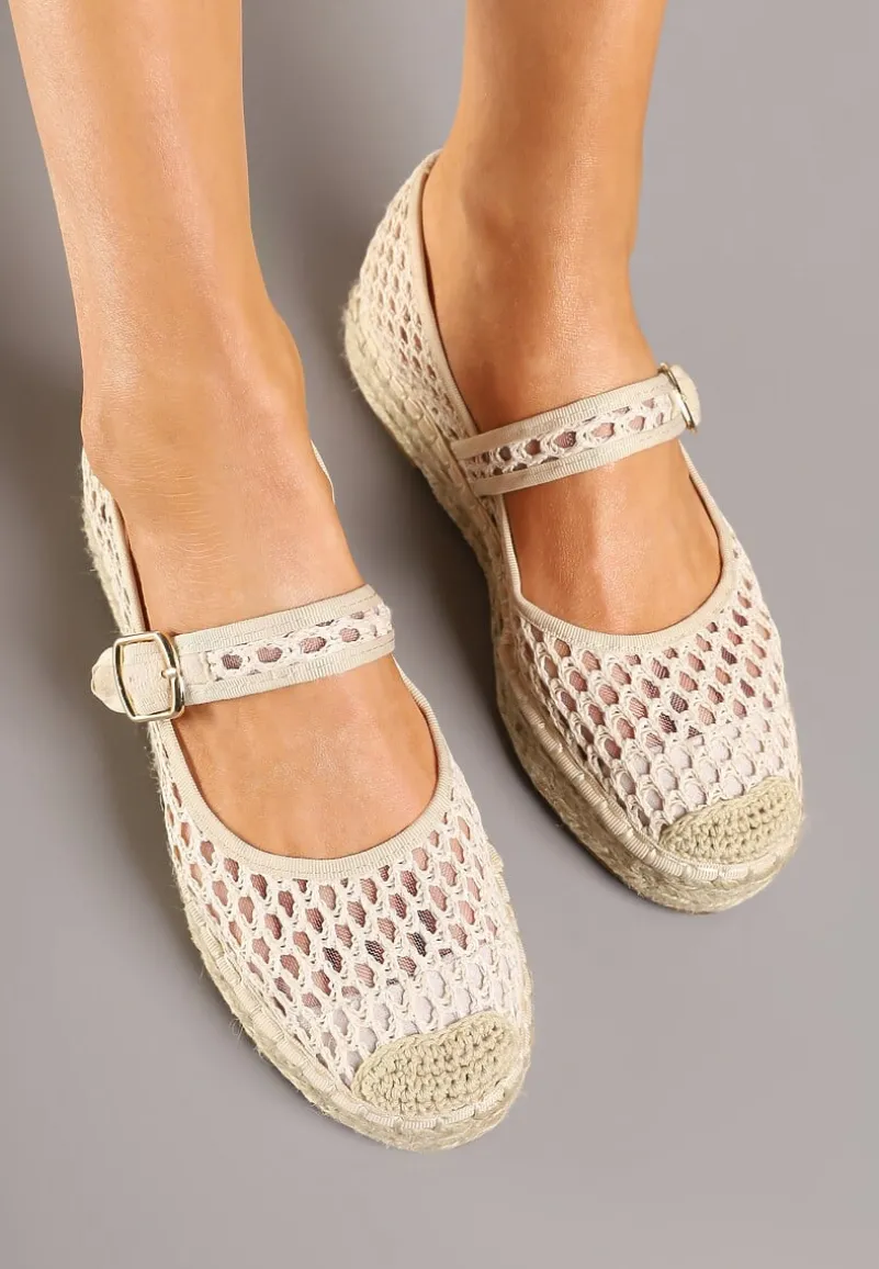 Jasnobeżowe Siateczkowe Espadryle na Podeszwie z Juty Zapinane na Sprzączkę Geniffia
