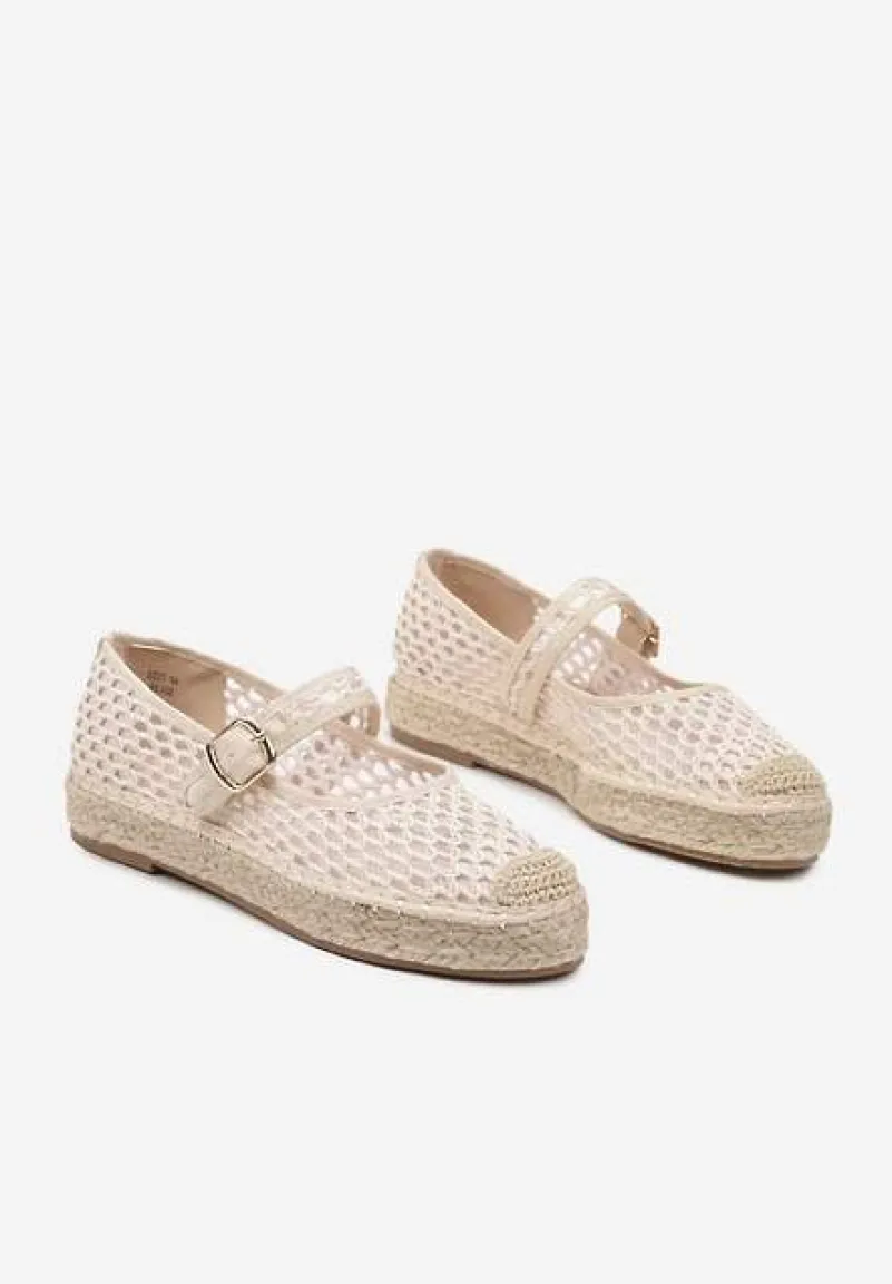 Jasnobeżowe Siateczkowe Espadryle na Podeszwie z Juty Zapinane na Sprzączkę Geniffia