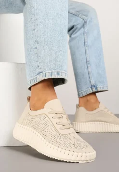 Jasnobeżowe Sneakersy na Tłoczonej Platformie z Ażurową Cholewką Ronfira