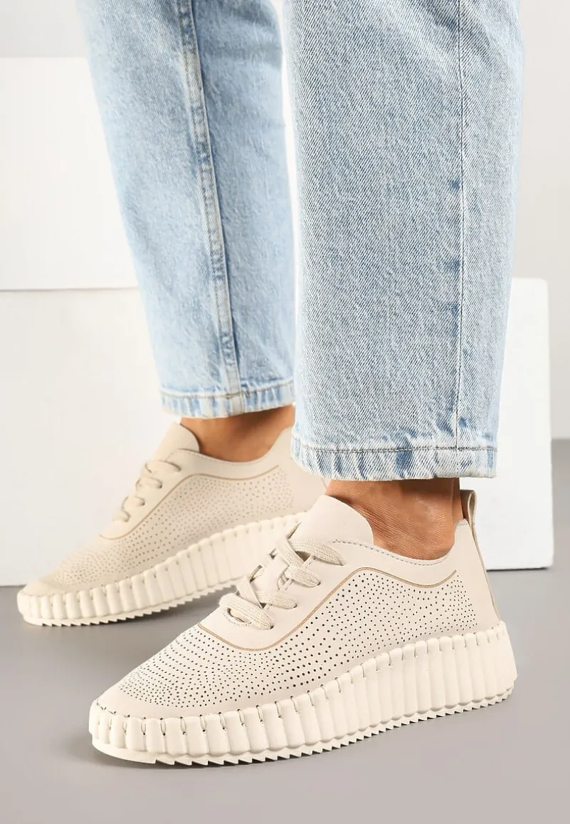 Jasnobeżowe Sneakersy na Tłoczonej Platformie z Ażurową Cholewką Ronfira