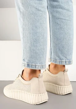 Jasnobeżowe Sneakersy na Tłoczonej Platformie z Ażurową Cholewką Ronfira