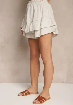 Jasnobeżowe Spódnico-Szorty z Bawełny Ozdobione Falbankami Turanea