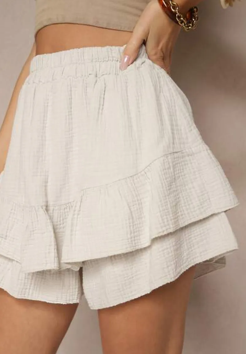 Jasnobeżowe Spódnico-Szorty z Bawełny Ozdobione Falbankami Turanea